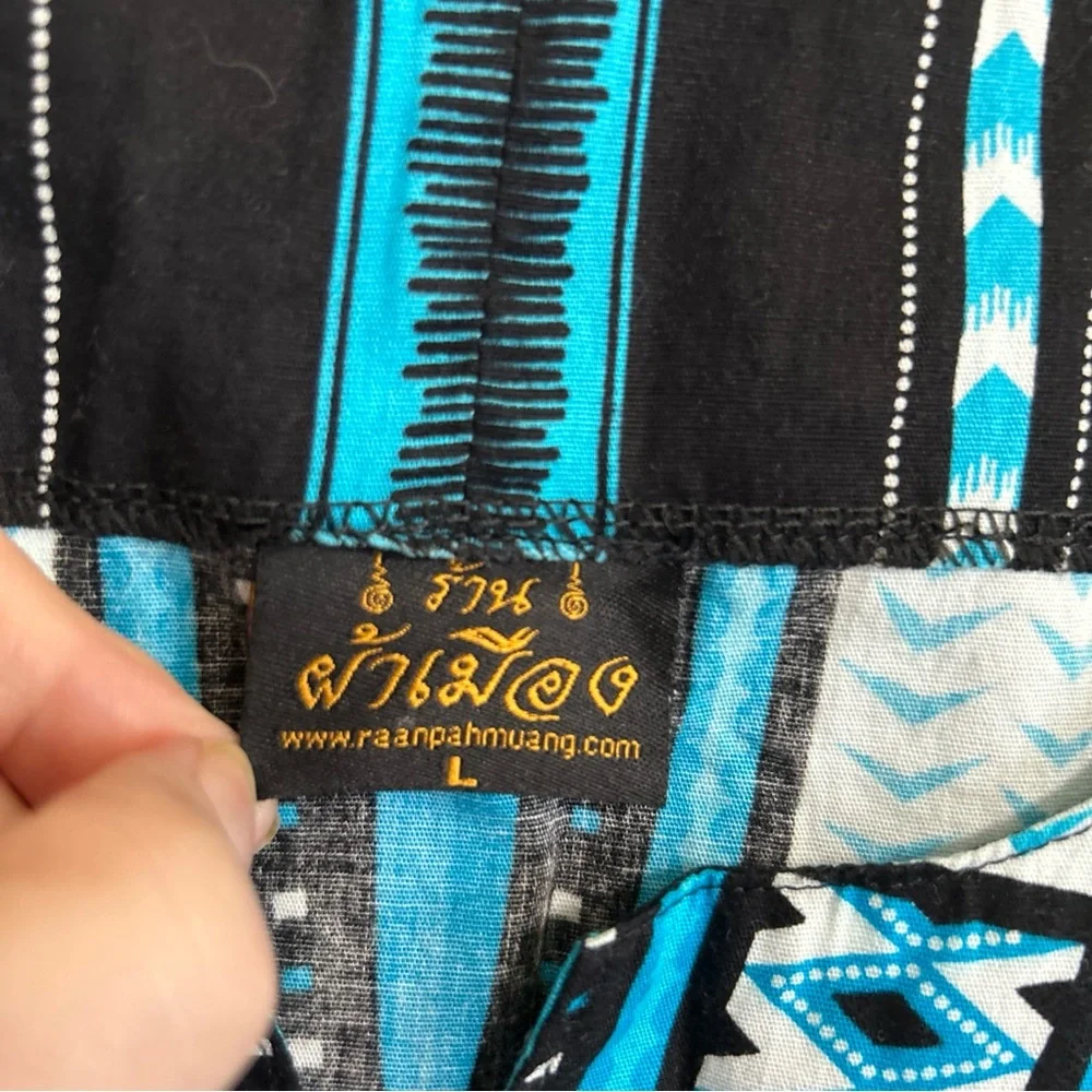 RaanPahMaung Unisex Large Dashki Blue White Pockets Cotton Tribal Short Sleeve‎